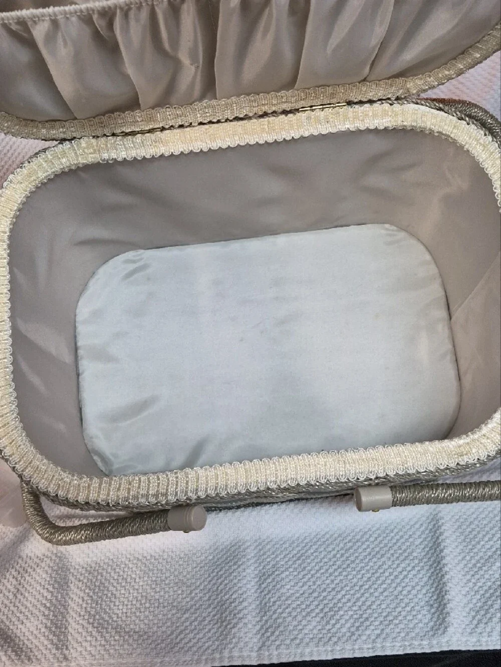 Woven Decorative Sewing Basket with Blue Pattern and Cream Trim Wooden Bottom
